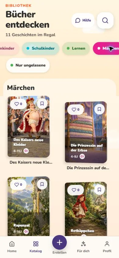 Echter Bücherkatalog mit Themenfiltern und Buchcovern
