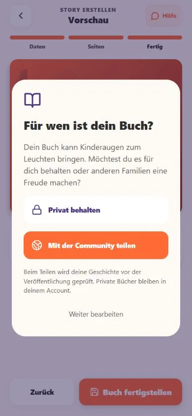 Abschlussfrage mit Privat behalten und Mit der Community teilen
